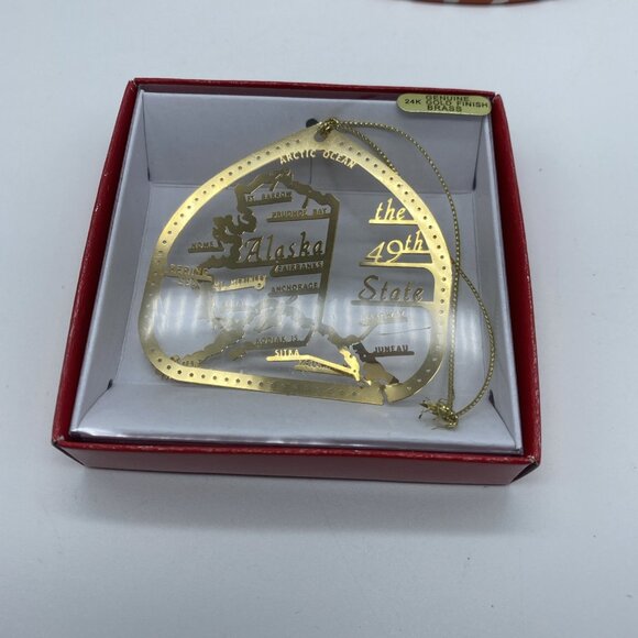 Alaska 49th State Map 24K Gold Finish Brass Christmas Ornament - Picture 1 of 5